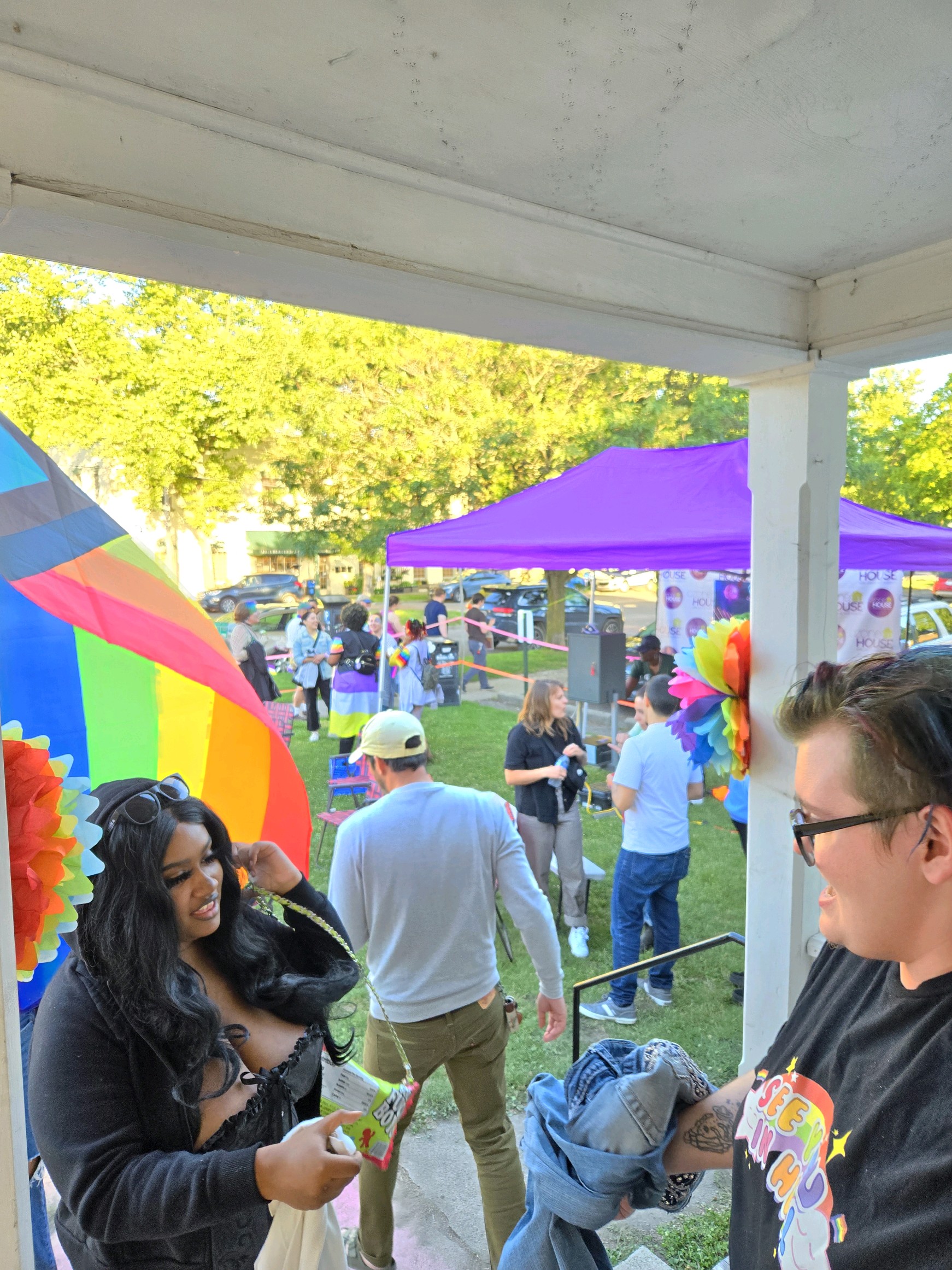 Neighbors gathering under the tents
